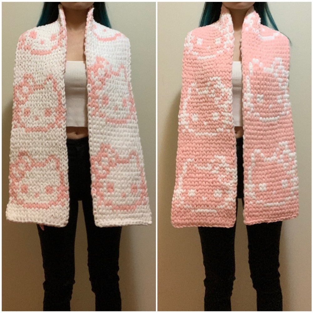 Handknit Light Pastel Pink White Hello Kitty Chunky Chenille Knit Scarf Handmade